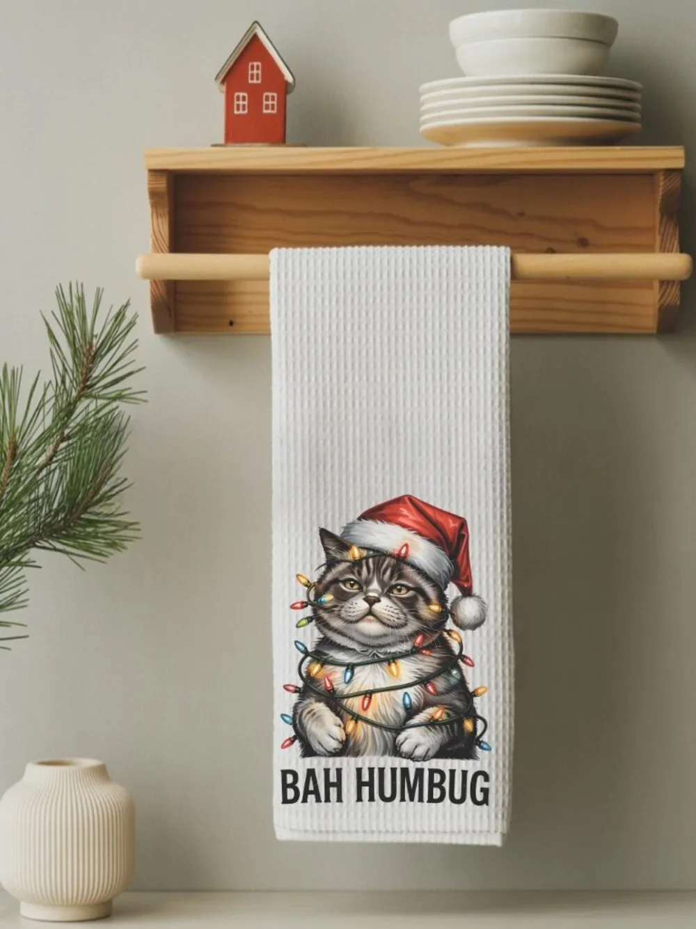 Bah Humbug Cat Christmas Lights Decorative Kitchen Tea Towel